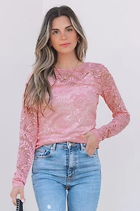 Threaded Pear Women's Amanda Floral Lace Sheer Long Sleeve Top