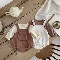 MyKids-USA Baby Cartoon Print Tops With Waffle Fabric Strap bodysuit Sets