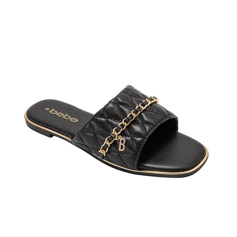 bebe Women's Quilted Slide Sandals with Chain Detail Slip On Flats