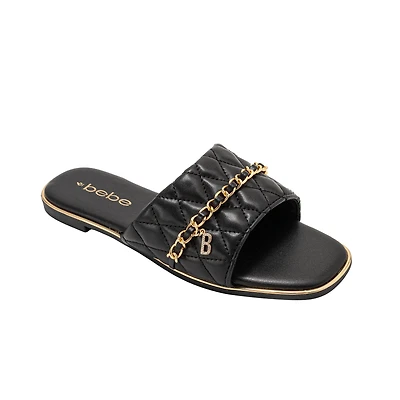 bebe Women's Quilted Slide Sandals with Chain Detail Slip On Flats