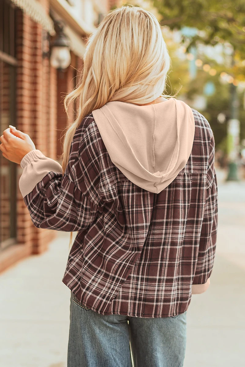 Threaded Pear Women's Lauren Plaid Patchwork Long Sleeve Hooded Top