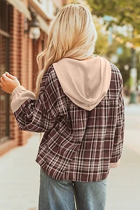 Threaded Pear Women's Lauren Plaid Patchwork Long Sleeve Hooded Top