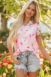 Threaded Pear Women's Quincy Floral Patchwork Flutter Sleeve Blouse