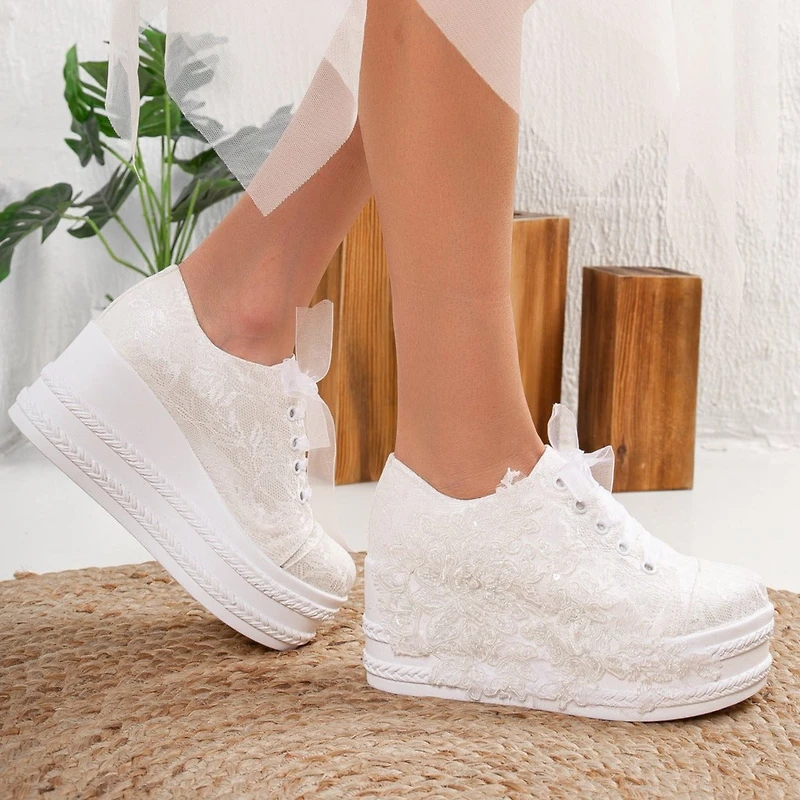 Forever & Always Womens Claudine Lace Bridal Platform Sneakers