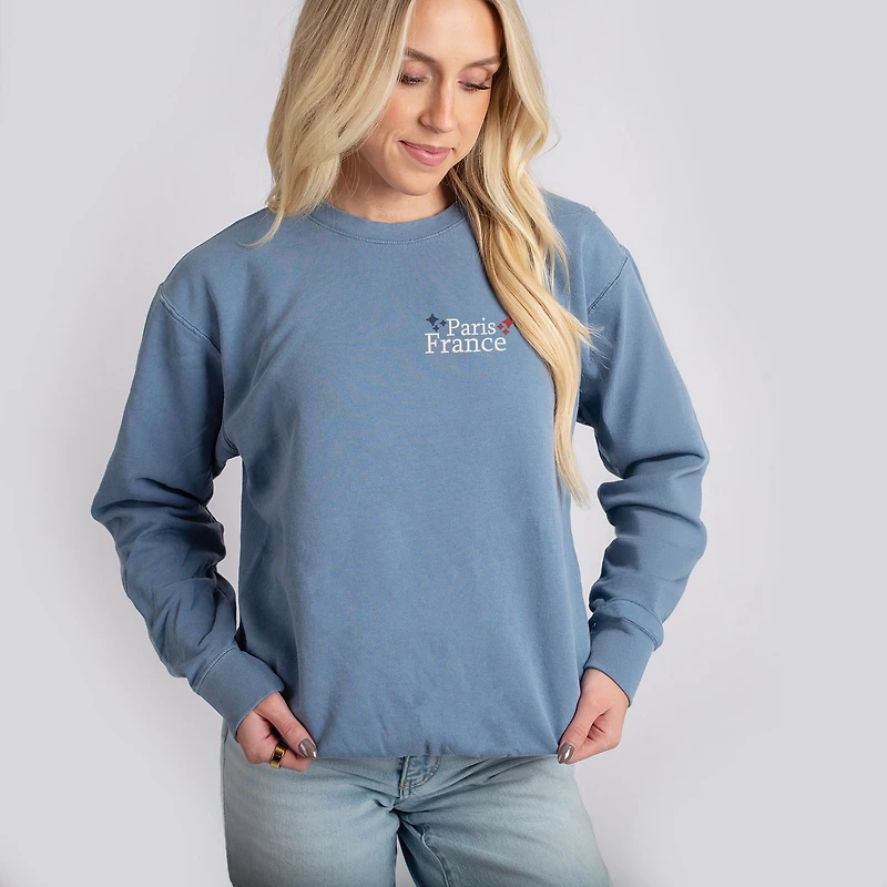Simply Sage Market - Embroidered Paris France Stars Women's Lightweight Garment Dyed Sweatshirt