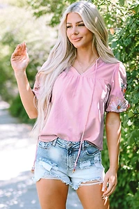 Threaded Pear Women's Araceli Floral Embroidered Puff Sleeve Split Neck Blouse