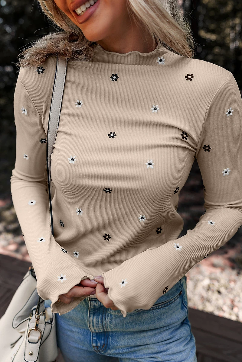 Threaded Pear Women's Genesis Embroidered Detail Ribbed Long Sleeve Top