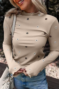 Threaded Pear Women's Genesis Embroidered Detail Ribbed Long Sleeve Top