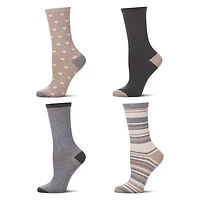 MeMoi 4 Pair Women's Buttersoft Crew Socks - Pindot Hearts, Stripes, Solids