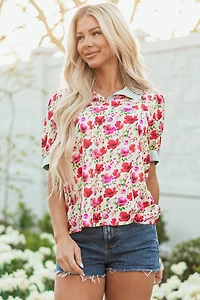 Threaded Pear Women's Romy Floral Striped Patchwork Collared Short Sleeve Blouse