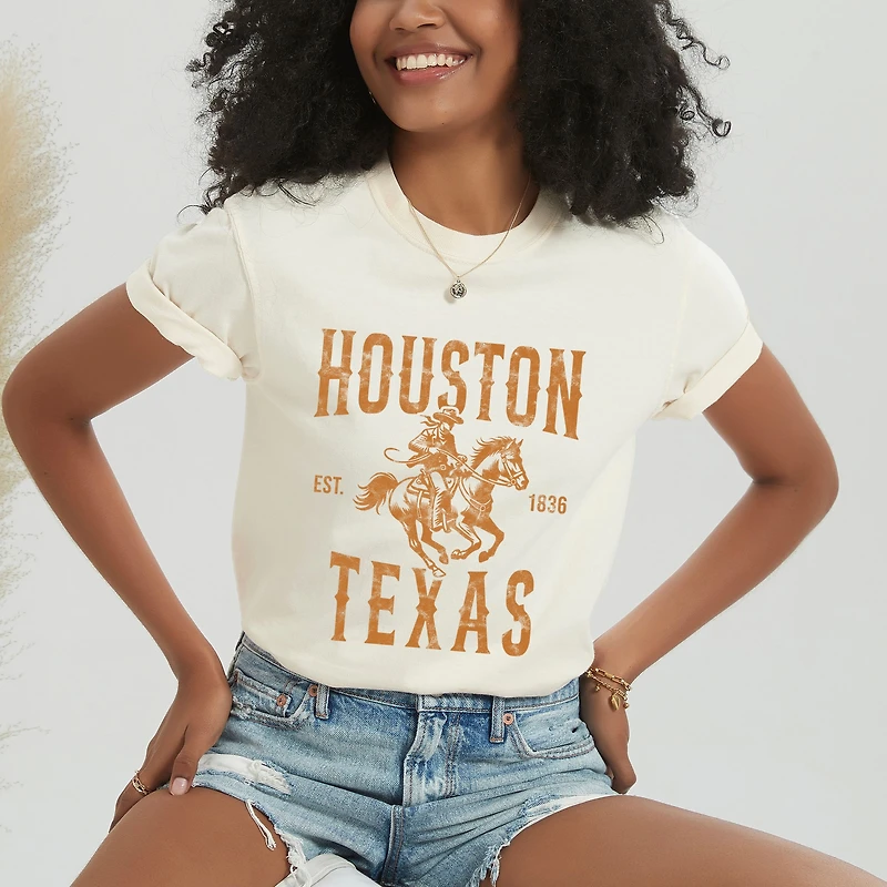 Simply Sage Market - Houston Texas Cowboy Distressed Women's Garment Dyed Graphic T-Shirt