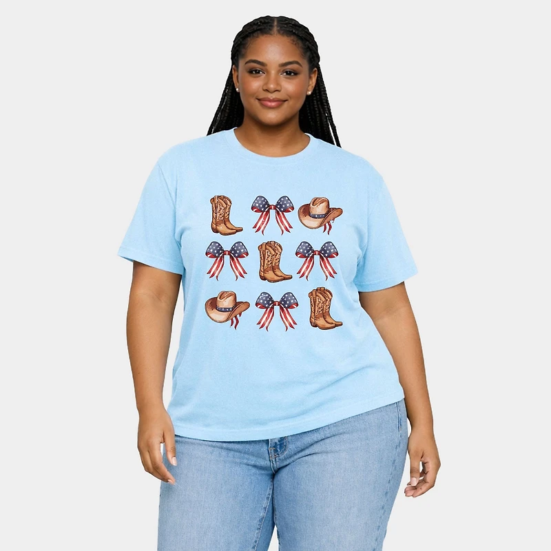Simply Sage Market - Coquette Patriotic Cowboy Boots And Hats Chart Women's Plus Sized Garment Dyed Graphic T-Shirt