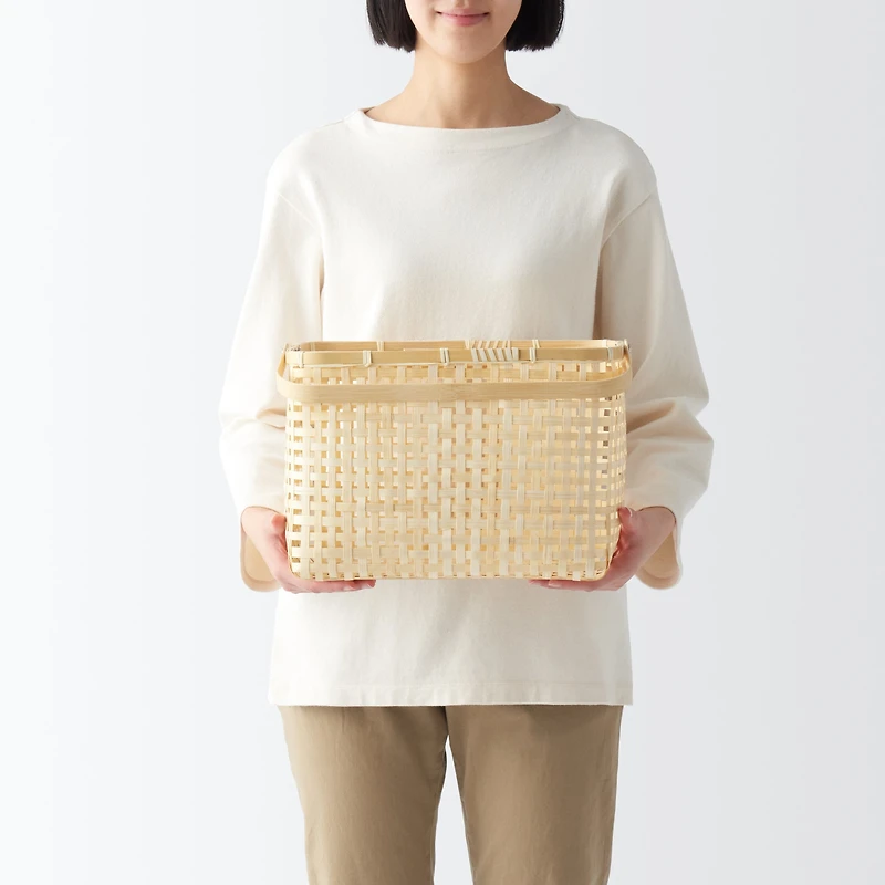 Bamboo Open Weave Basket with Handle - Large (W36 x D25.5 x H24 cm)