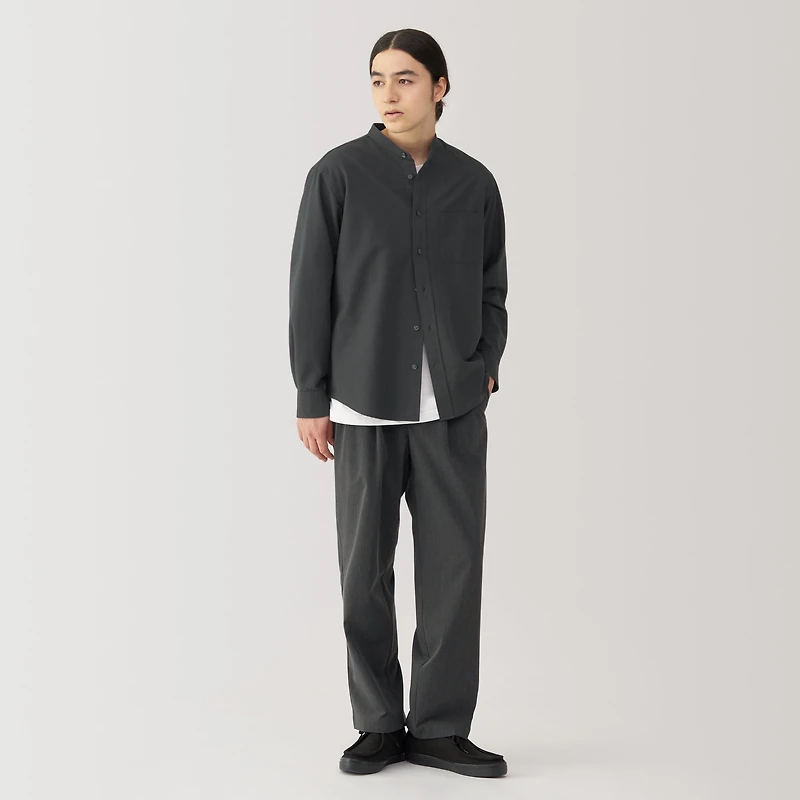 Men's Washed Oxford Stand Collar Long Sleeve Shirt