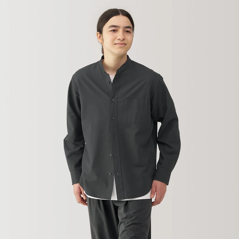 Men's Washed Oxford Stand Collar Long Sleeve Shirt
