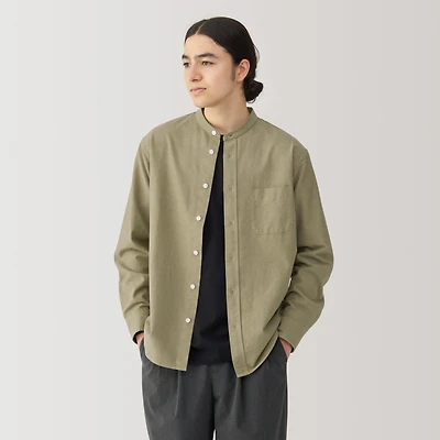 Men's Washed Oxford Stand Collar Long Sleeve Shirt