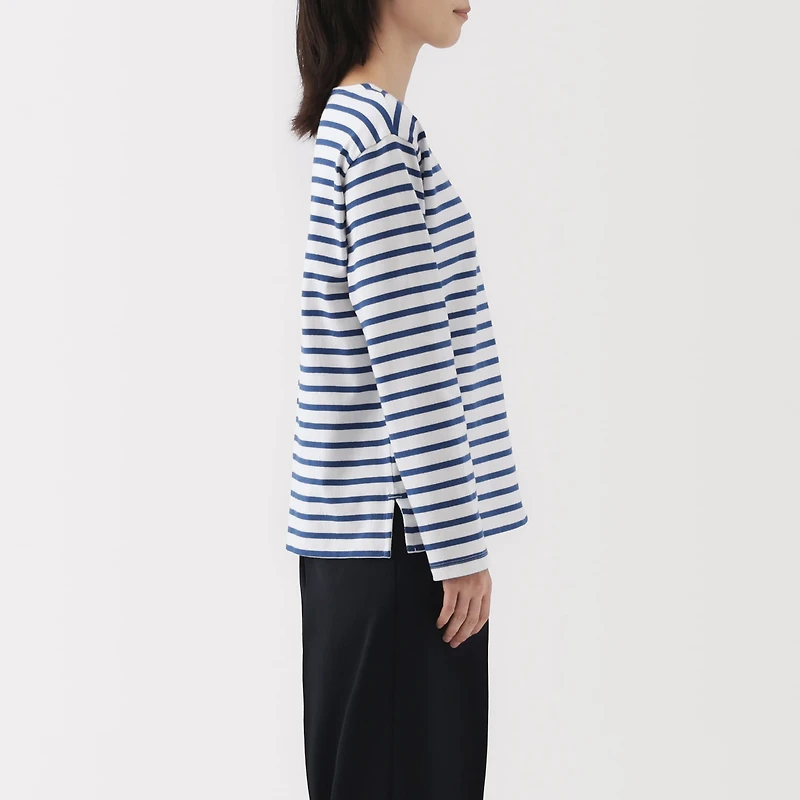 Women's Heavy Weight Boat Neck Long Sleeve Striped T-Shirt