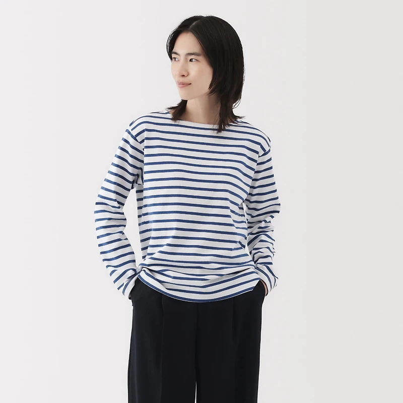 Women's Heavy Weight Boat Neck Long Sleeve Striped T-Shirt