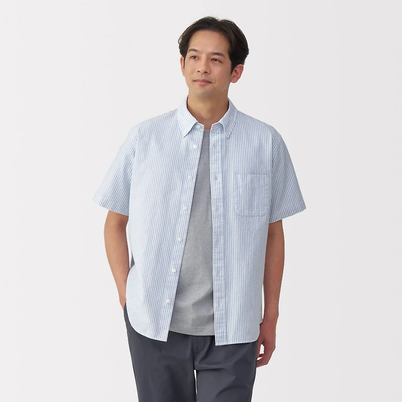 Men's Washed Oxford Button Down Short Sleeve Striped Shirt