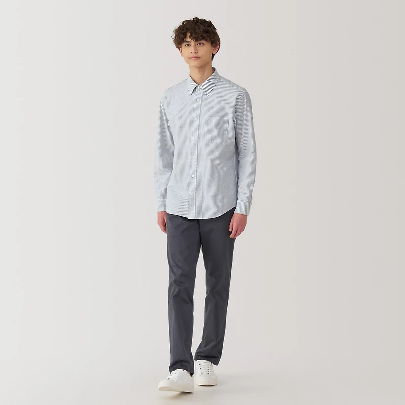 Men's Washed Oxford Button Down Long Sleeve Striped Shirt