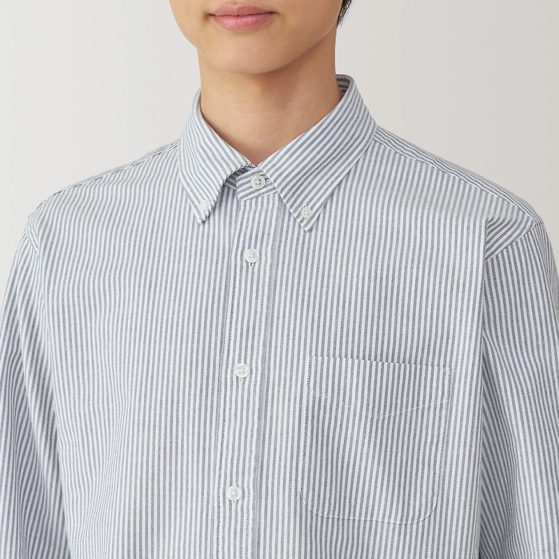 Men's Washed Oxford Button Down Long Sleeve Striped Shirt