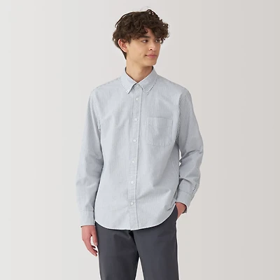 Men's Washed Oxford Button Down Long Sleeve Striped Shirt
