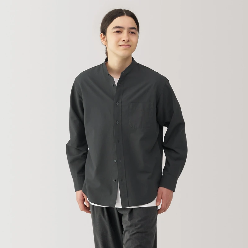 Men's Washed Oxford Stand Collar Long Sleeve Shirt
