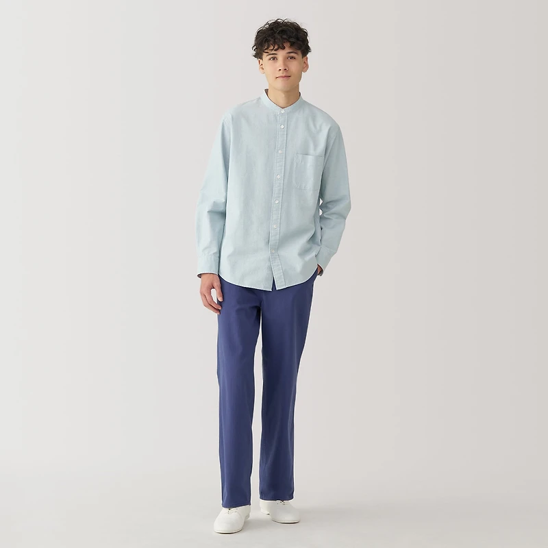 Men's Washed Oxford Stand Collar Long Sleeve Shirt