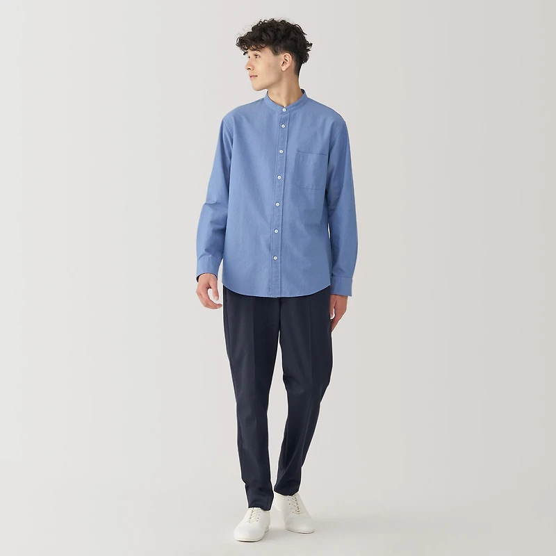 Men's Washed Oxford Stand Collar Long Sleeve Shirt