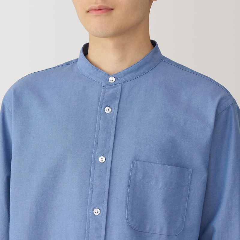 Men's Washed Oxford Stand Collar Long Sleeve Shirt