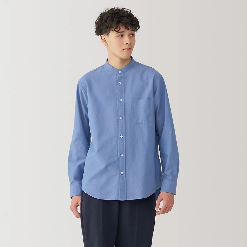 Men's Washed Oxford Stand Collar Long Sleeve Shirt