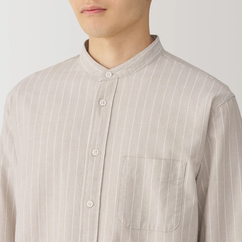 Men's Washed Oxford Stand Collar Long Sleeve Striped Shirt