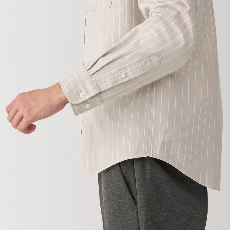 Men's Washed Oxford Stand Collar Long Sleeve Striped Shirt