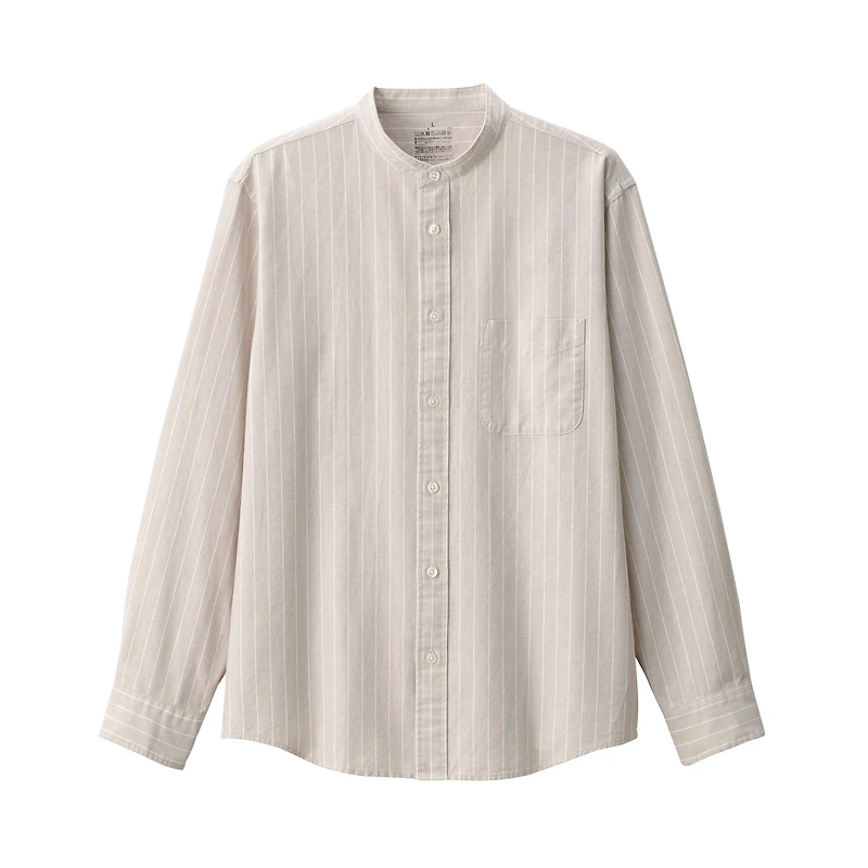 Men's Washed Oxford Stand Collar Long Sleeve Striped Shirt