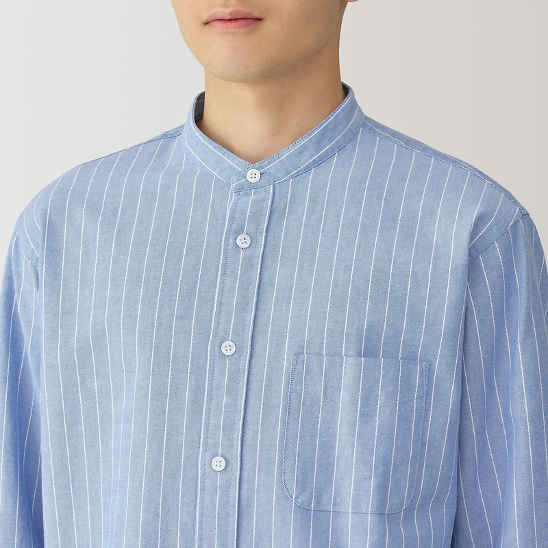 Men's Washed Oxford Stand Collar Long Sleeve Striped Shirt