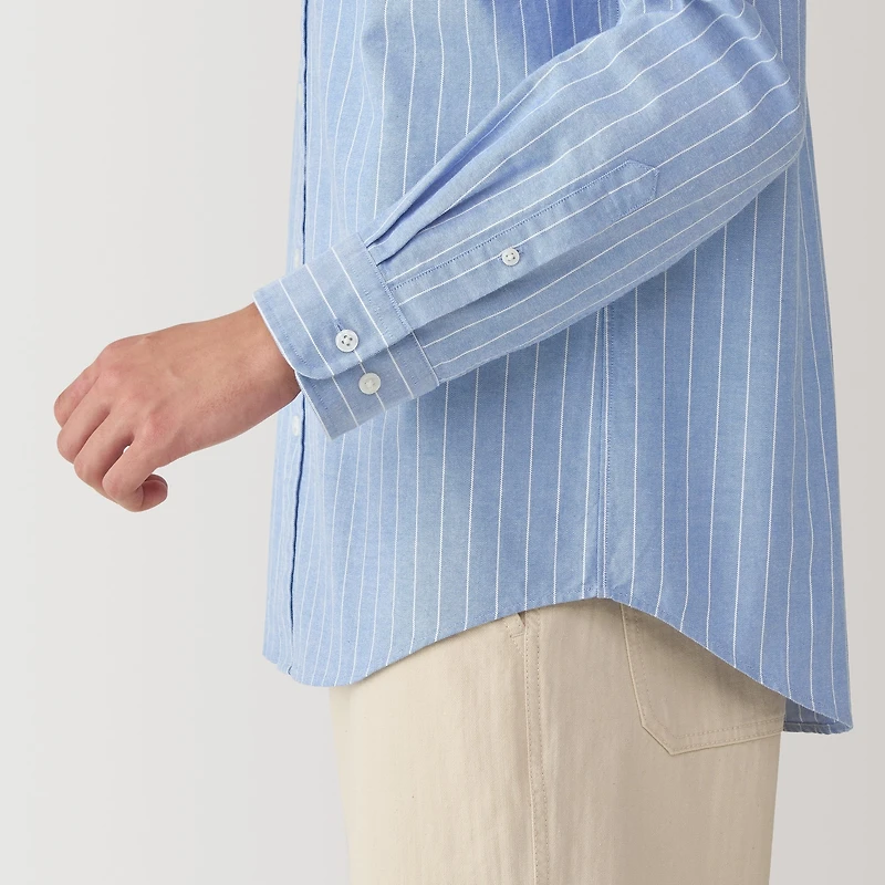 Men's Washed Oxford Stand Collar Long Sleeve Striped Shirt