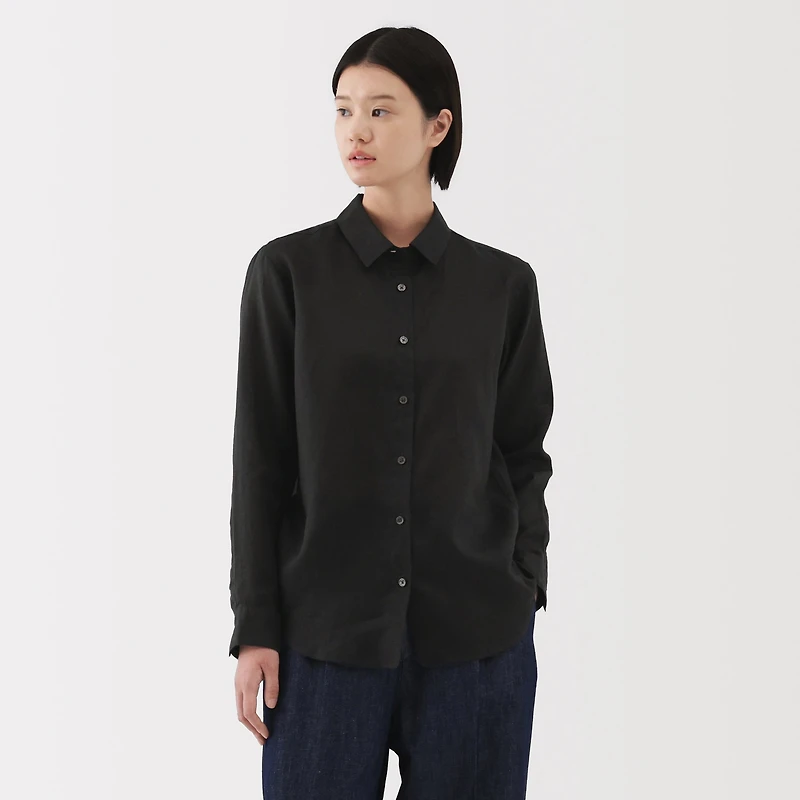 Women's Washed Linen Regular Collar Long Sleeve Shirt