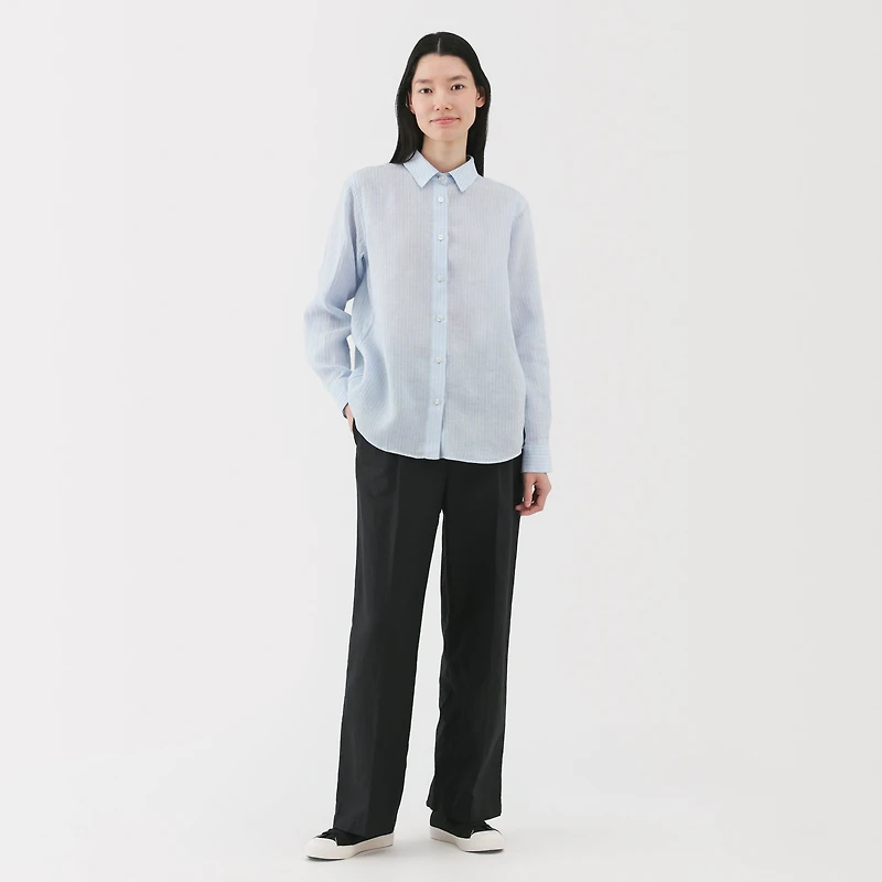 Women's Washed Linen Regular Collar Long Sleeve Striped Shirt