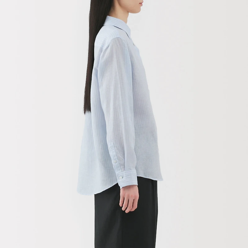 Women's Washed Linen Regular Collar Long Sleeve Striped Shirt