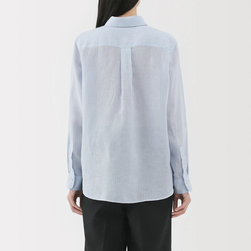 Women's Washed Linen Regular Collar Long Sleeve Striped Shirt