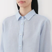 Women's Washed Linen Regular Collar Long Sleeve Striped Shirt