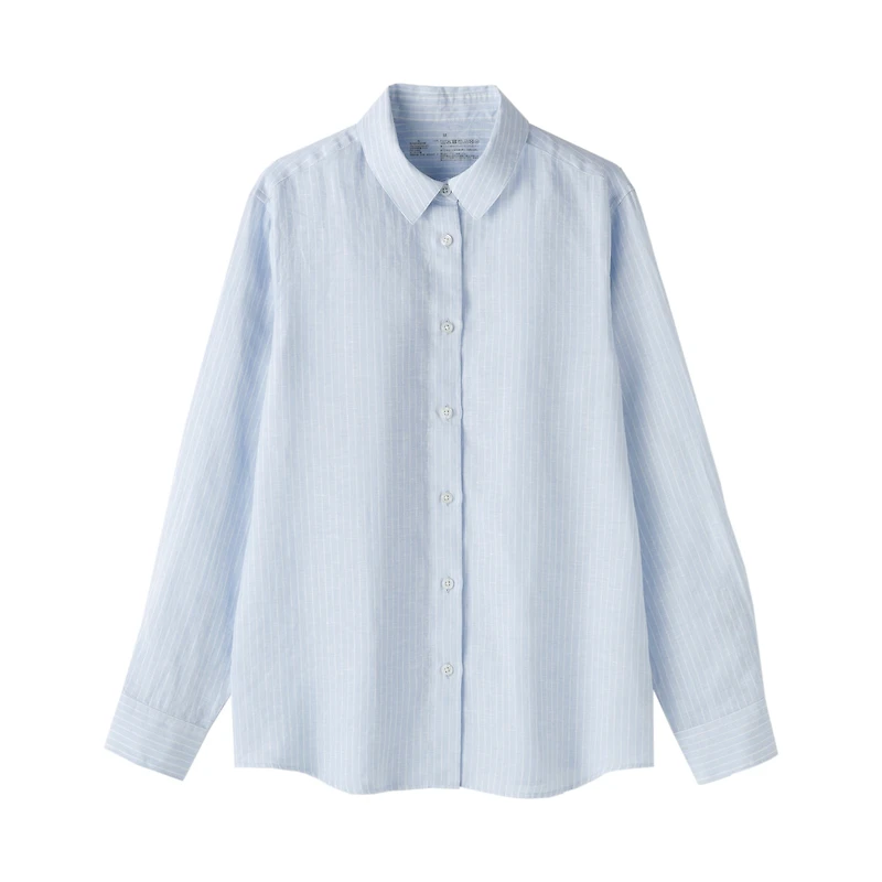 Women's Washed Linen Regular Collar Long Sleeve Striped Shirt