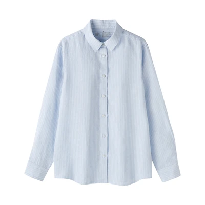 Women's Washed Linen Regular Collar Long Sleeve Striped Shirt