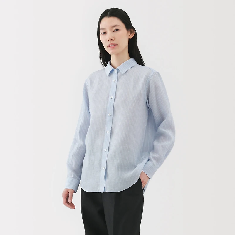 Women's Washed Linen Regular Collar Long Sleeve Striped Shirt