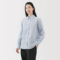 Women's Washed Linen Regular Collar Long Sleeve Striped Shirt