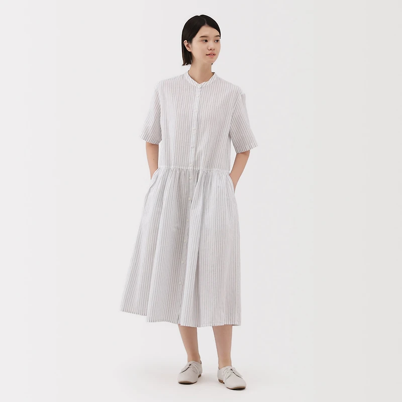 Women's Hemp Cotton Short Sleeve Striped Dress