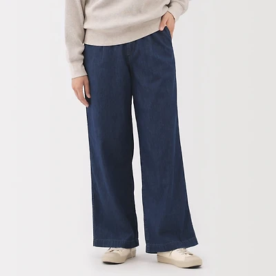 Lightweight Denim Pleated Wide Pants