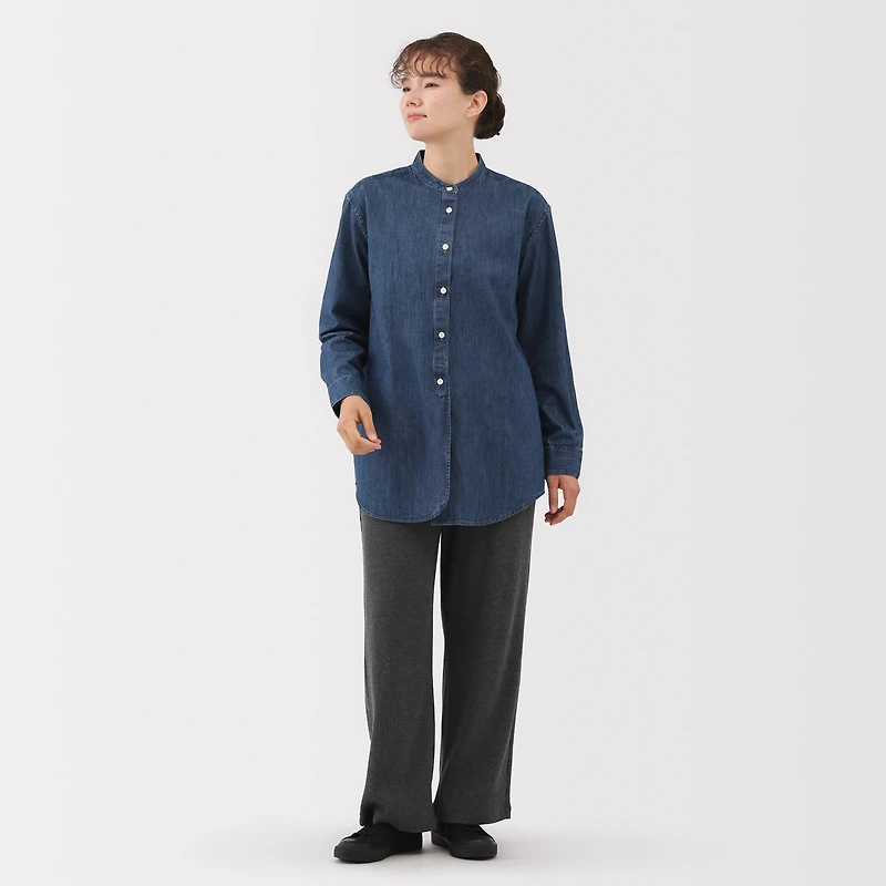 Washed Denim Stand Collar Long Shirt