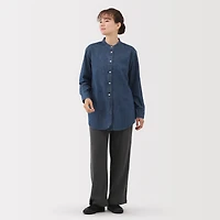 Washed Denim Stand Collar Long Shirt