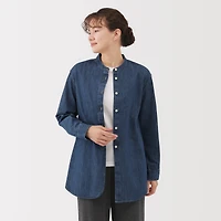 Washed Denim Stand Collar Long Shirt